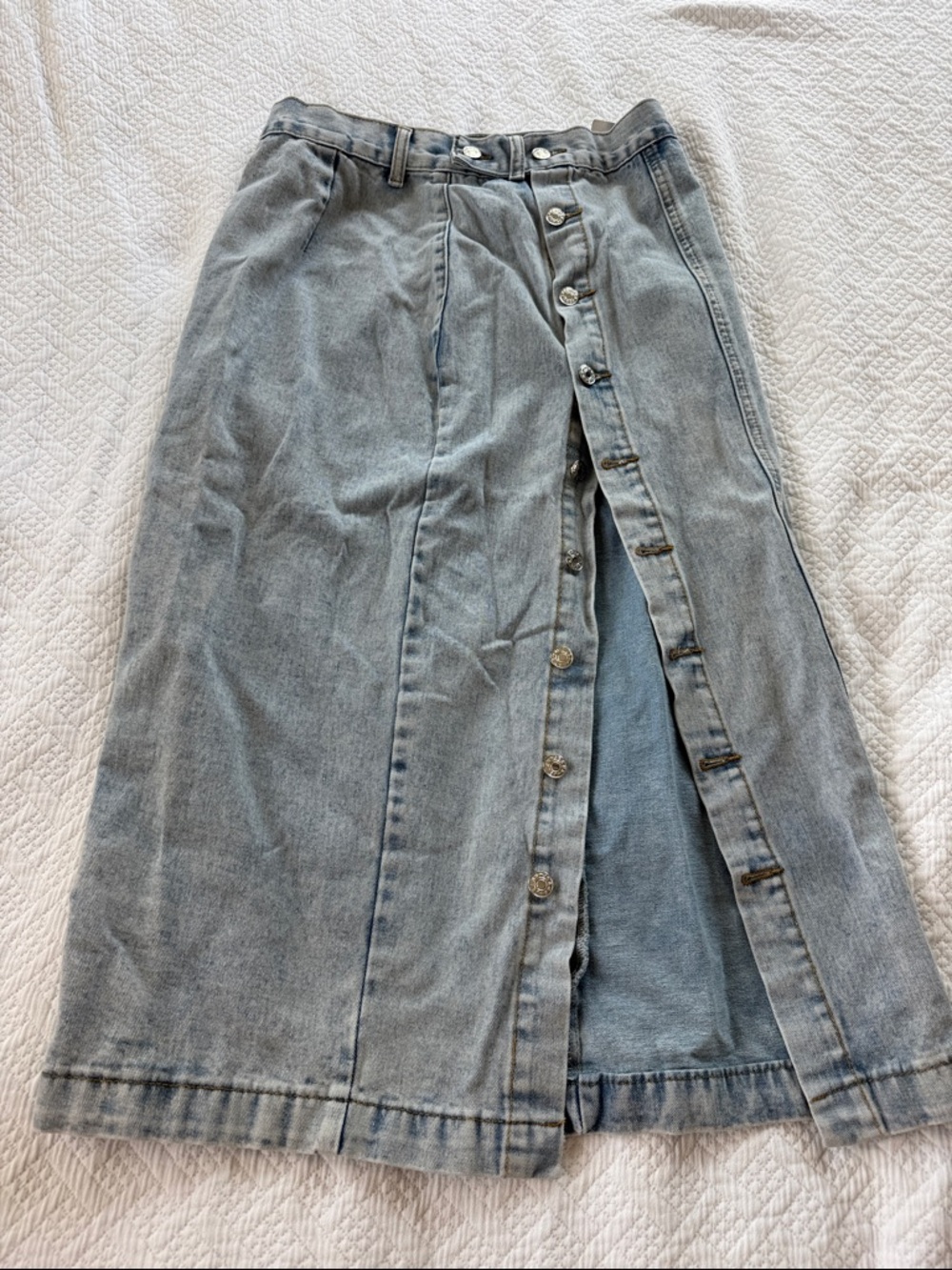 Light Wash Denim Button-Front Midi Skirt